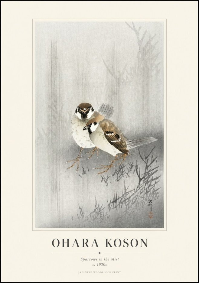 Ohara Koson Sparrows in the Mist No1 - Affiche