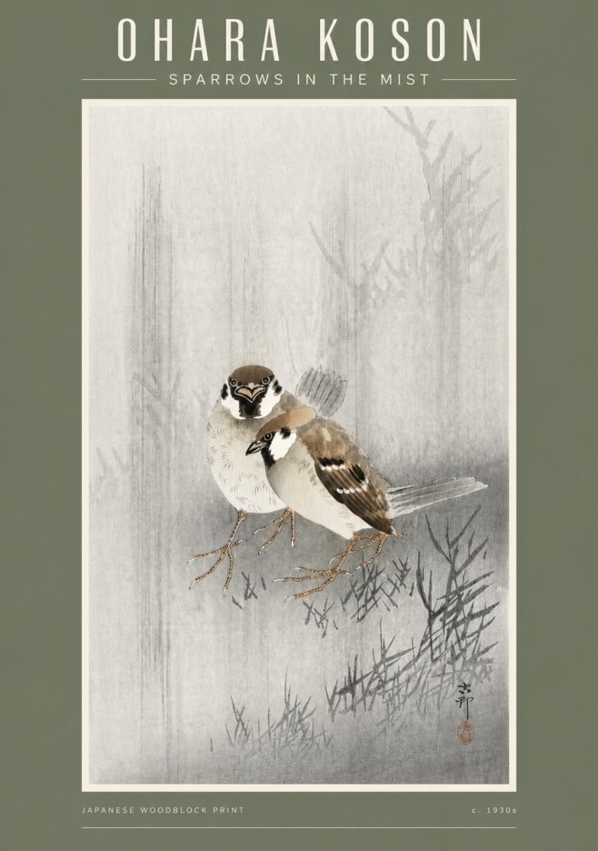 Ohara Koson Sparrows in the Mist No4 - Affiche