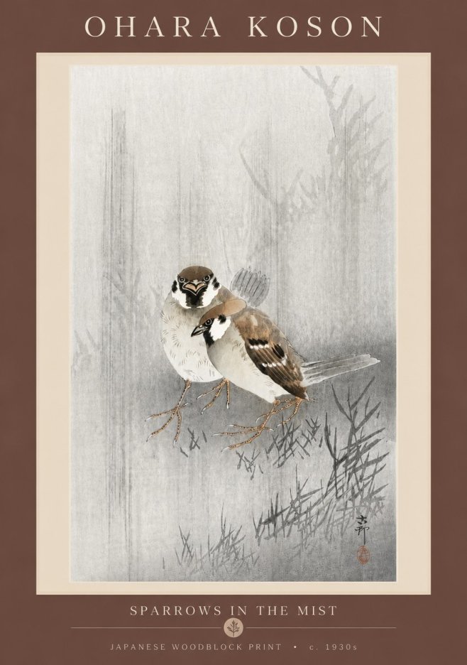 Ohara Koson Sparrows in the Mist No5 - Affiche
