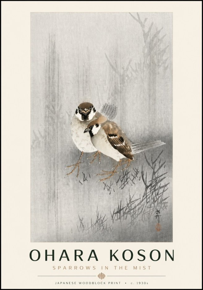 Ohara Koson Sparrows in the Mist No6 - Affiche