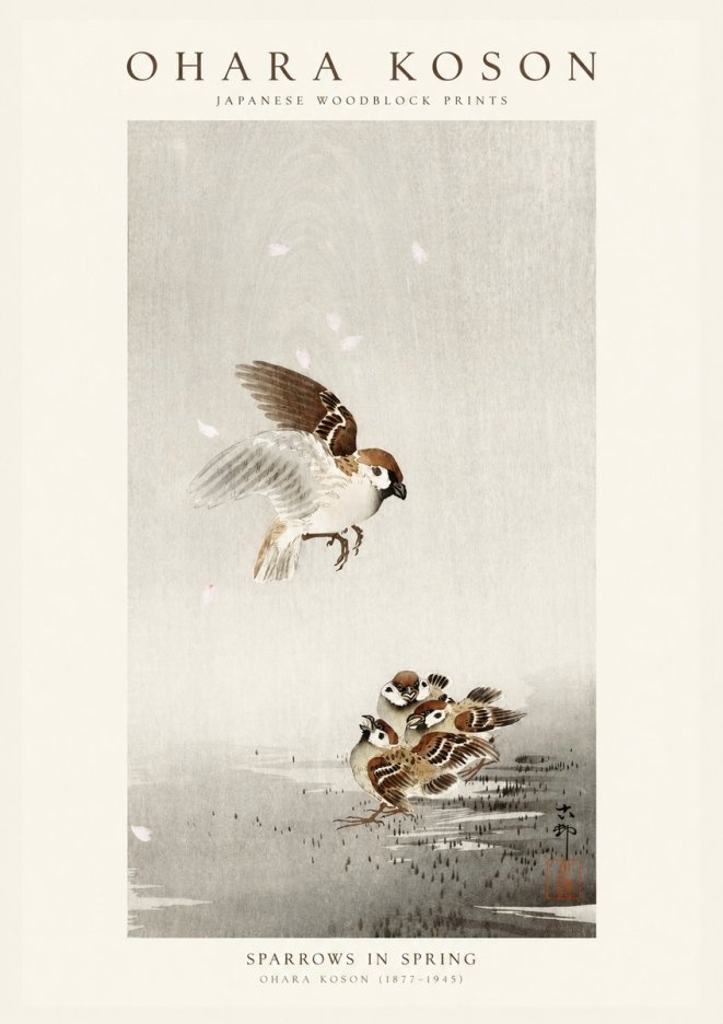 Ohara Koson Sparrows in Spring No1 - Affiche