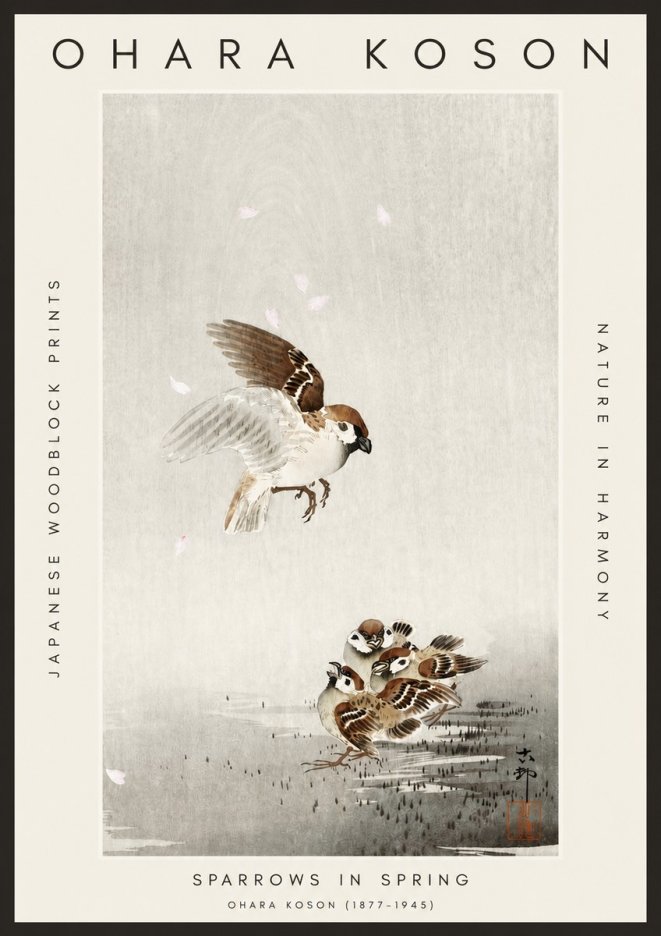 Ohara Koson Sparrows in Spring No3 - Affiche