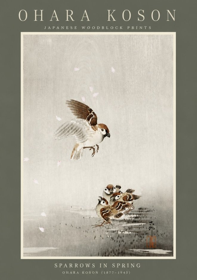 Ohara Koson Sparrows in Spring No4 - Affiche