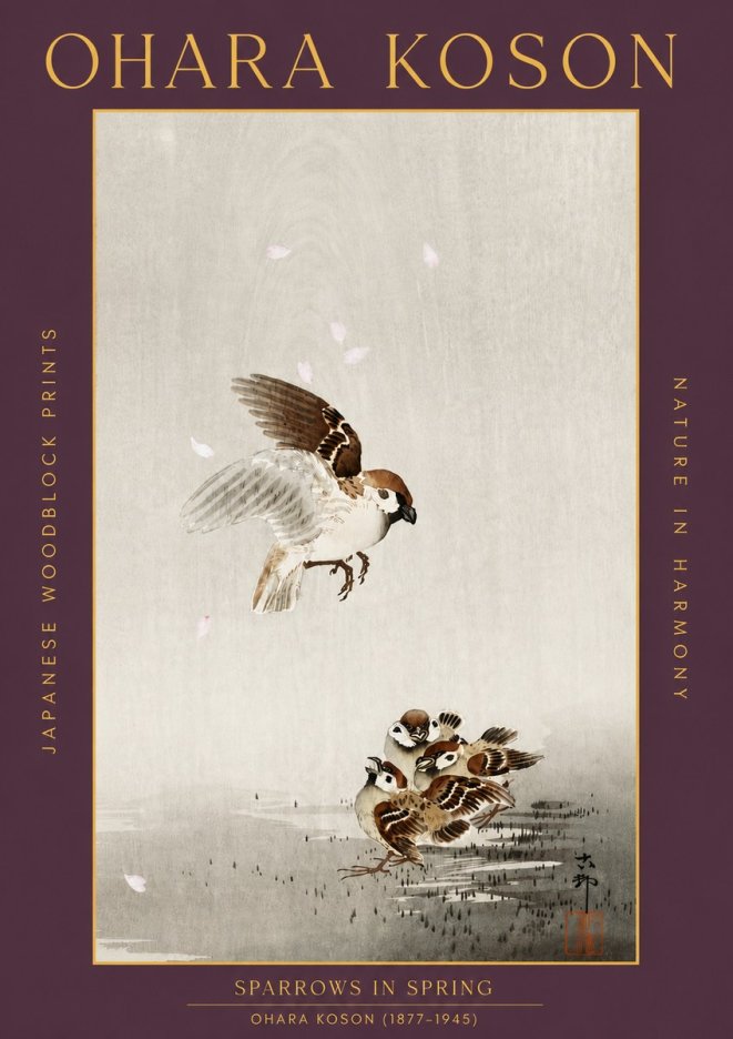 Ohara Koson Sparrows in Spring No5 - Affiche