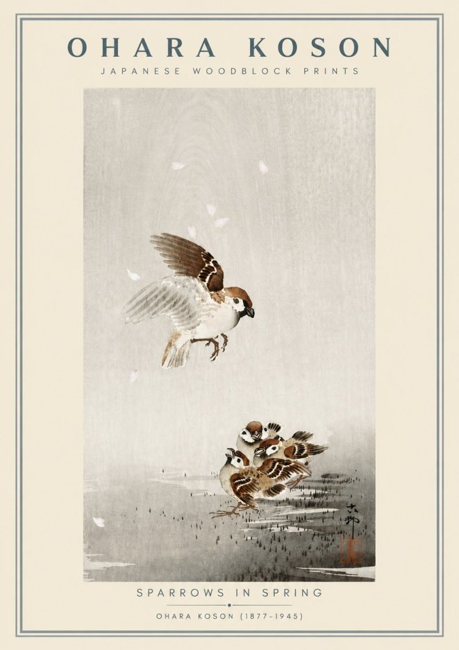 Ohara Koson Sparrows in Spring No6 - Affiche