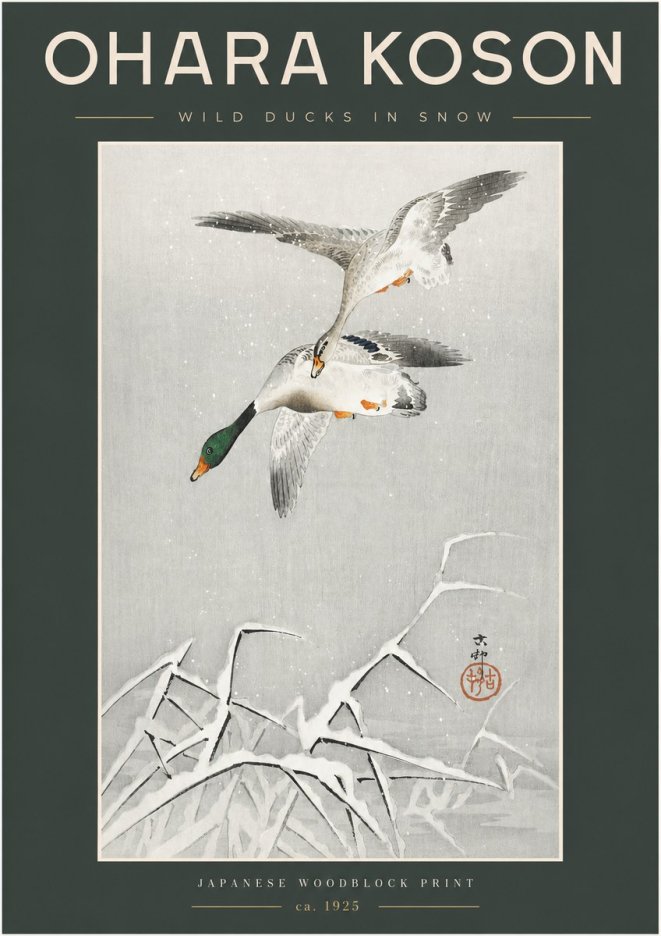 Ohara Koson Wild Ducks in Snow No2 - Affiche