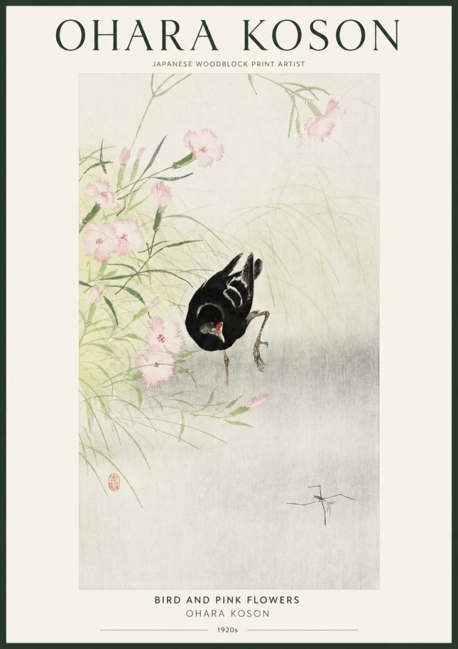 Ohara Koson Bird and Pink Flowers No1 - Affiche