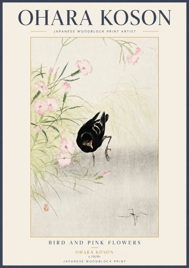 Ohara Koson Bird and Pink Flowers No3 - Affiche