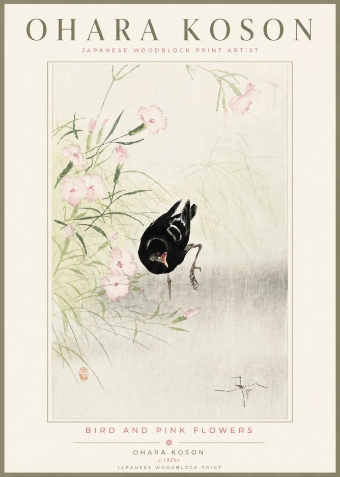 Ohara Koson Bird and Pink Flowers No4 - Affiche