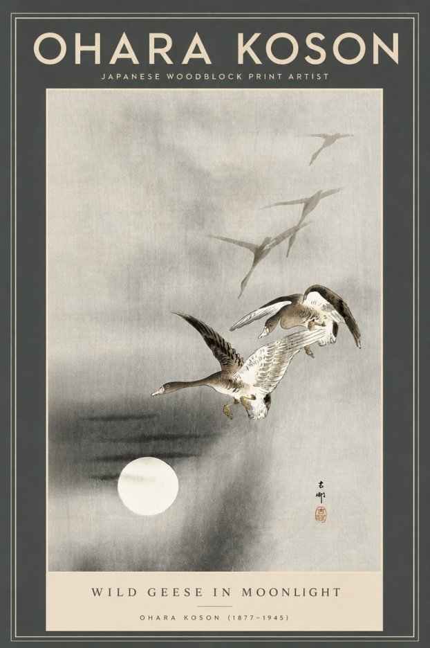 Ohara Koson Wild Geese in Moonlight II No2 - Affiche