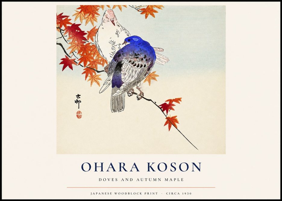 Ohara Koson Doves and Autumn Maple No1 - Affiche