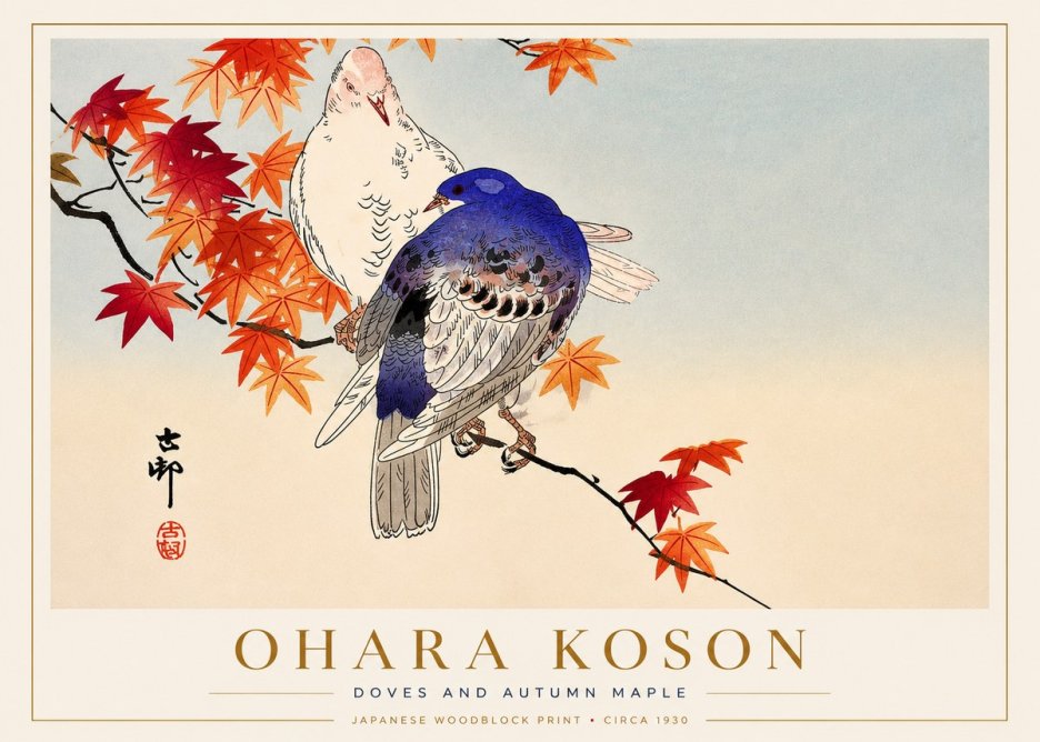 Ohara Koson Doves and Autumn Maple No3 - Affiche