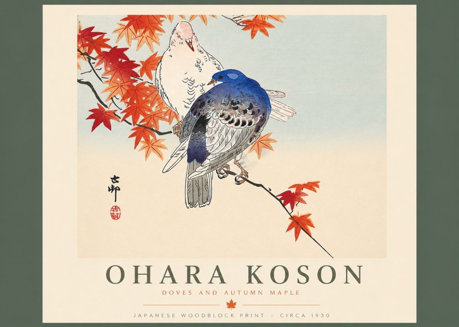 Ohara Koson Doves and Autumn Maple No4 - Affiche