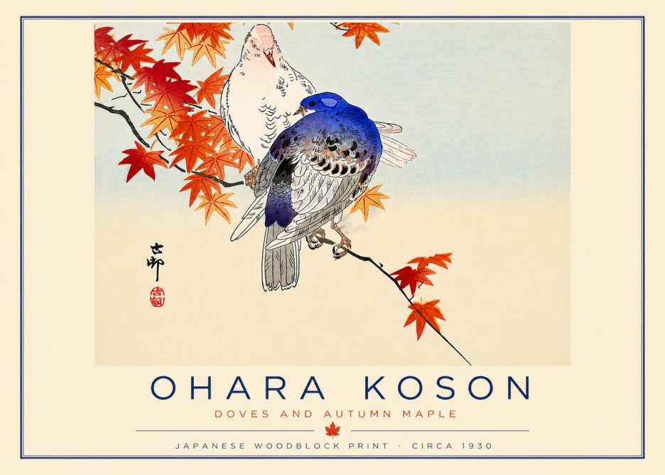Ohara Koson Doves and Autumn Maple No6 - Affiche