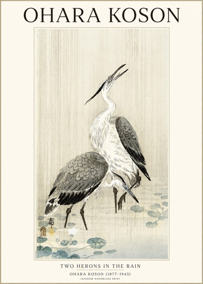 Ohara Koson Two Herons in the Rain No1 - Affiche