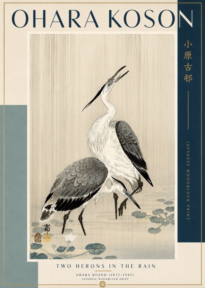 Ohara Koson Two Herons in the Rain No2 - Affiche
