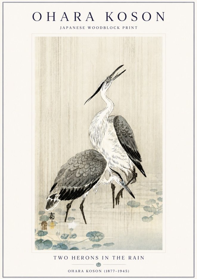 Ohara Koson Two Herons in the Rain No6 - Affiche