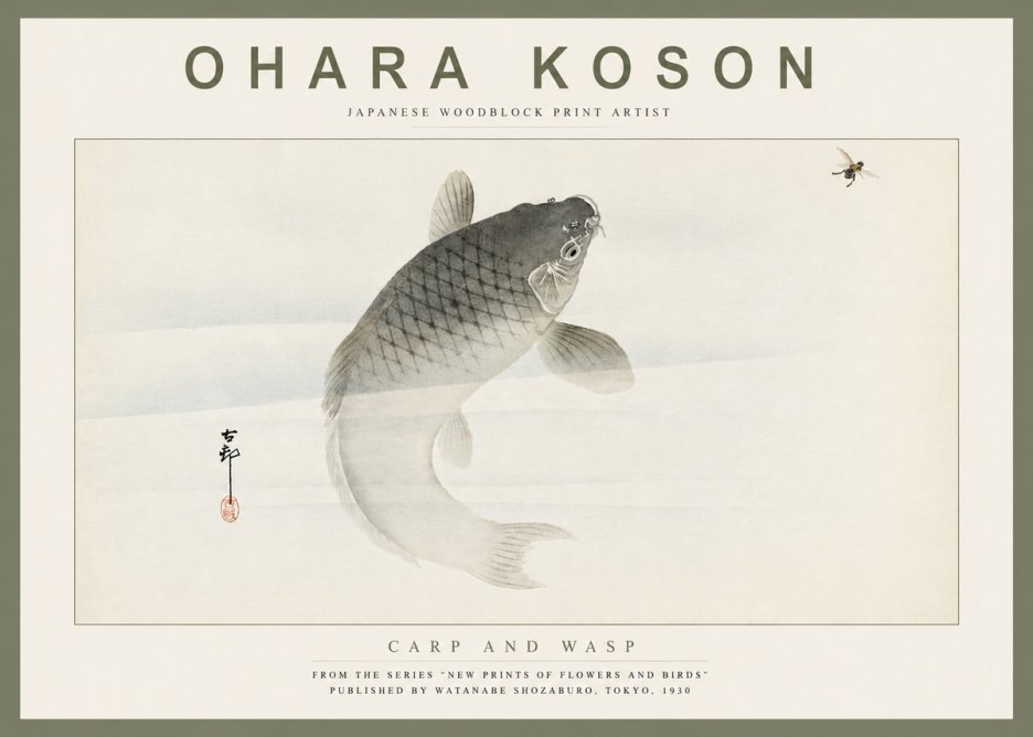 Ohara Koson Carp and Wasp No4 - Affiche