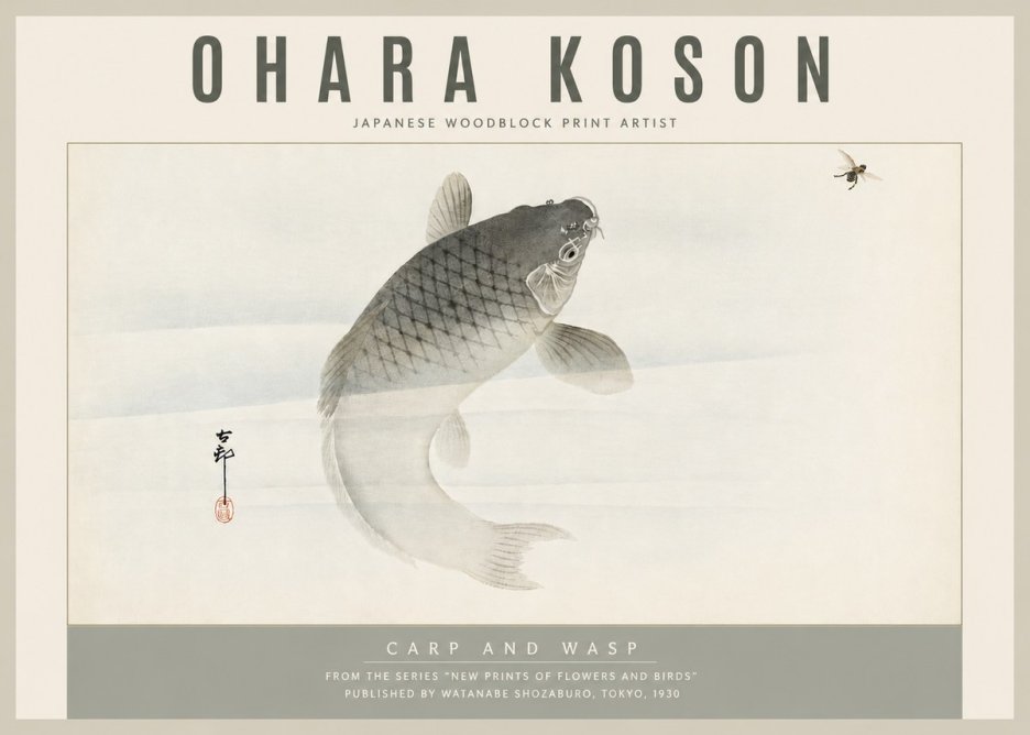 Ohara Koson Carp and Wasp No5 - Affiche