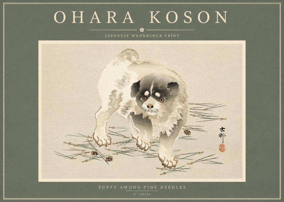 Ohara Koson Puppy Among Pine Needles No4 - Affiche