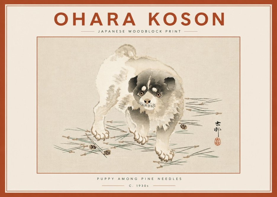 Ohara Koson Puppy Among Pine Needles No6 - Affiche
