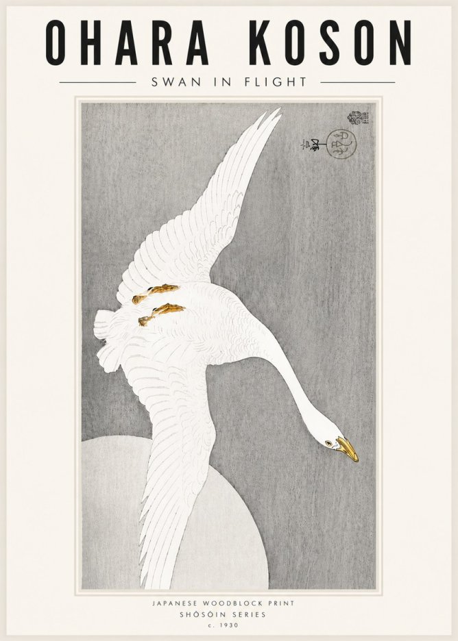 Ohara Koson Swan in Flight No5 - Affiche