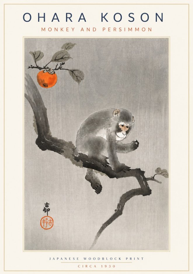 Ohara Koson Monkey and Persimmon No4 - Affiche