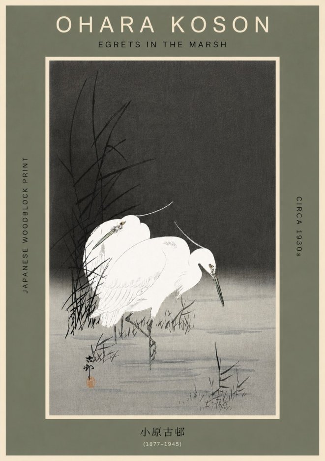 Ohara Koson Egrets in the Marsh No6 - Affiche