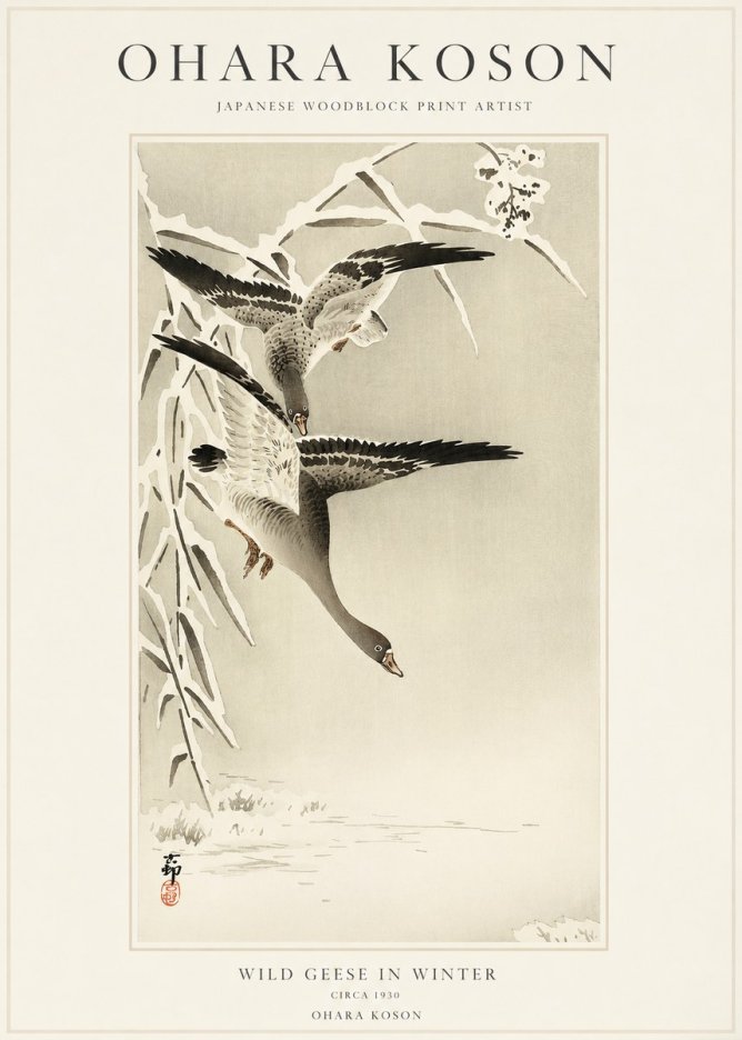 Ohara Koson Wild Geese in Winter No1 - Affiche