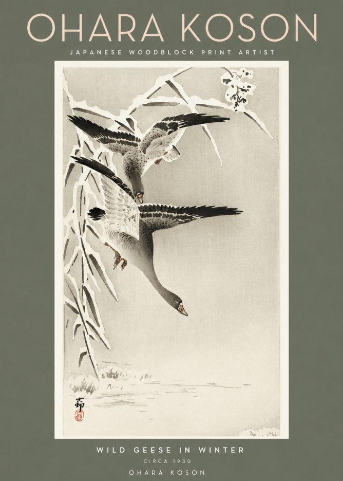 Ohara Koson Wild Geese in Winter No2 - Affiche