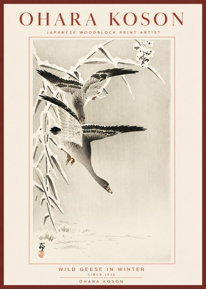 Ohara Koson Wild Geese in Winter No5 - Affiche