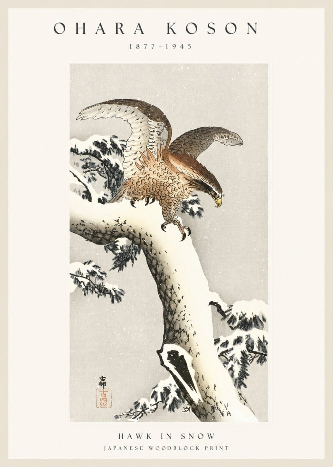 Ohara Koson Hawk in Snow No1 - Affiche