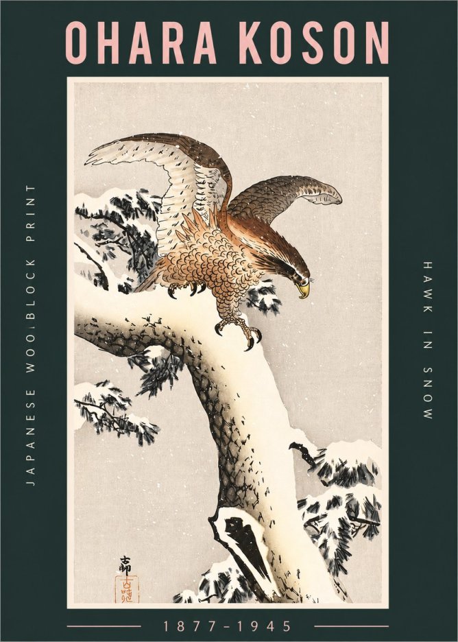 Ohara Koson Hawk in Snow No2 - Affiche