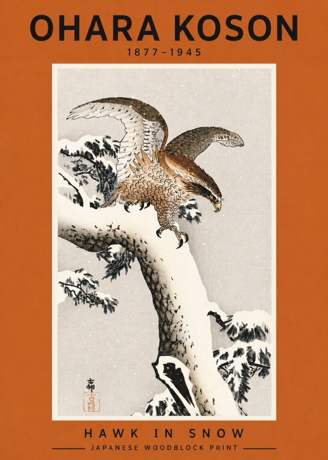 Ohara Koson Hawk in Snow No4 - Affiche