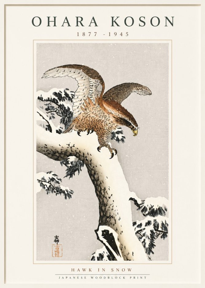 Ohara Koson Hawk in Snow No5 - Affiche