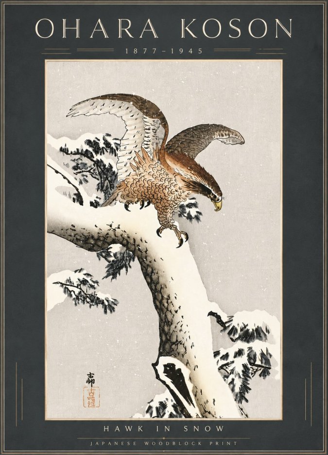 Ohara Koson Hawk in Snow No6 - Affiche