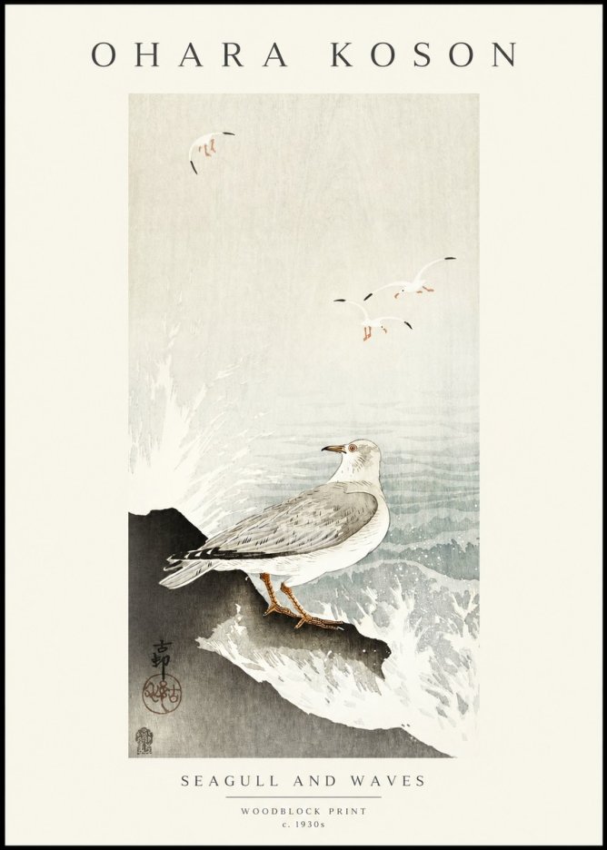Ohara Koson Seagull and Waves No1 - Affiche
