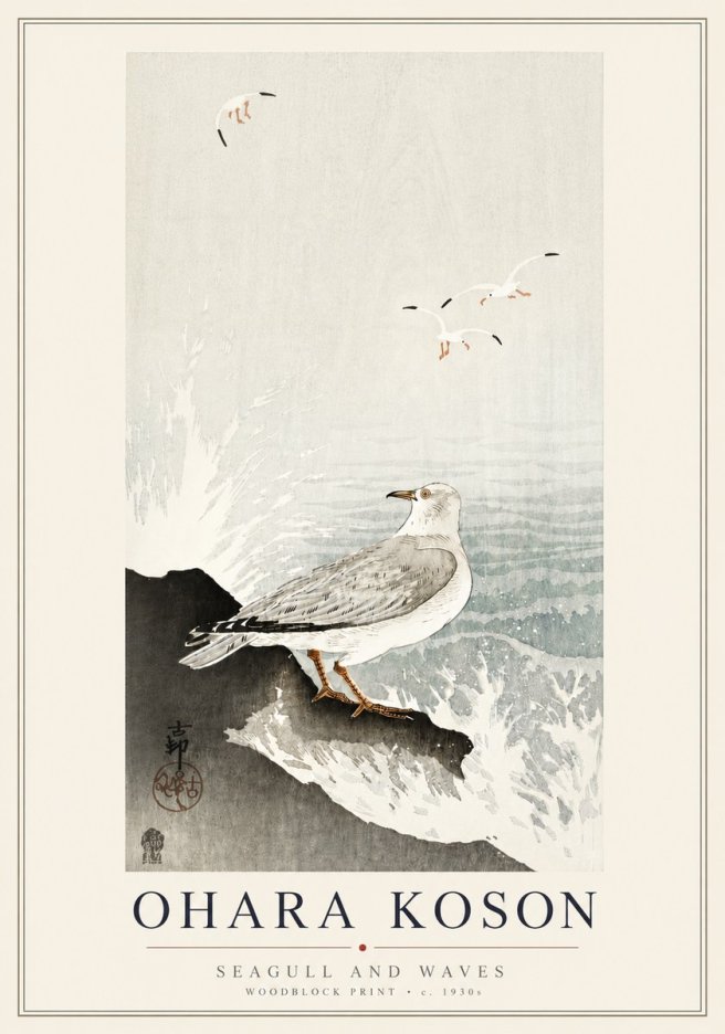 Ohara Koson Seagull and Waves No6 - Affiche