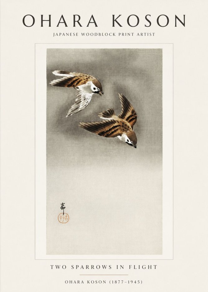 Ohara Koson Two Sparrows in Flight No1 - Affiche