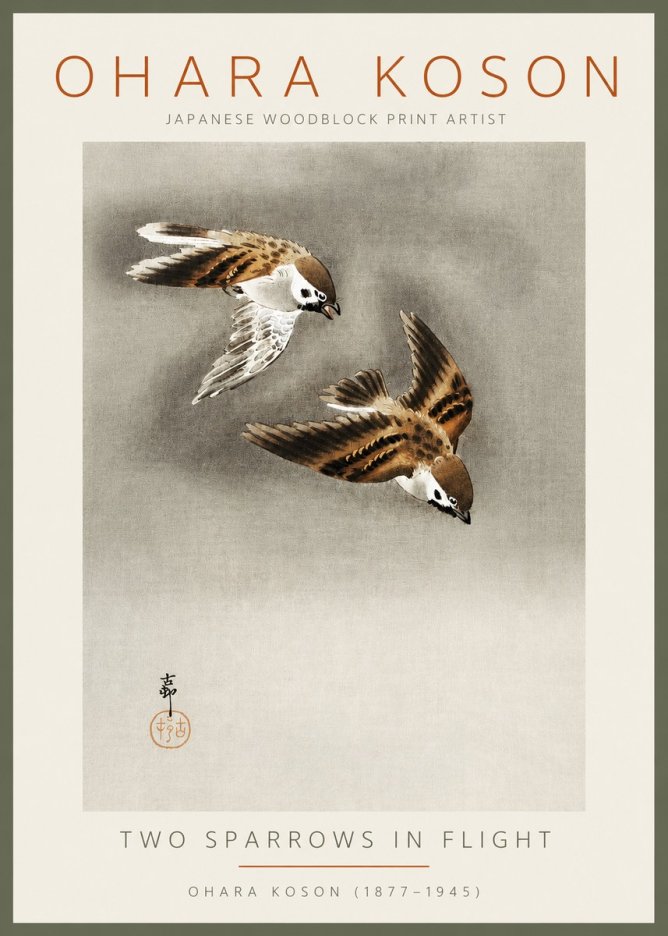 Ohara Koson Two Sparrows in Flight No2 - Affiche