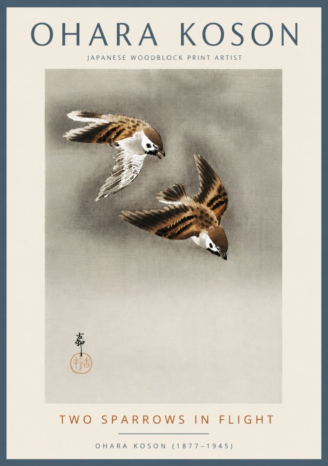 Ohara Koson Two Sparrows in Flight No5 - Affiche