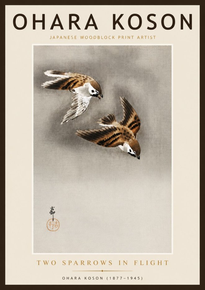 Ohara Koson Two Sparrows in Flight No6 - Affiche