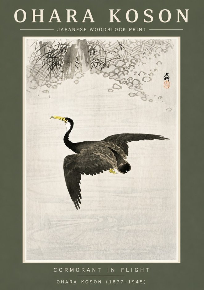 Ohara Koson Cormorant in Flight No4 - Affiche