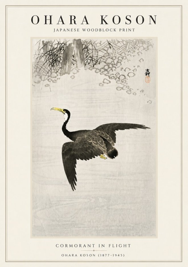 Ohara Koson Cormorant in Flight No5 - Affiche