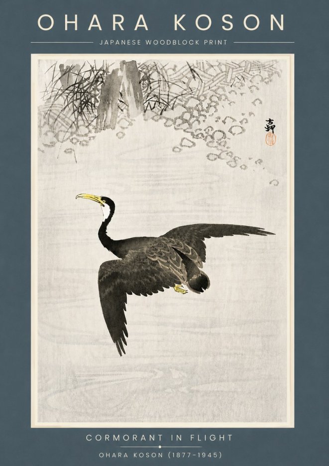 Ohara Koson Cormorant in Flight No6 - Affiche