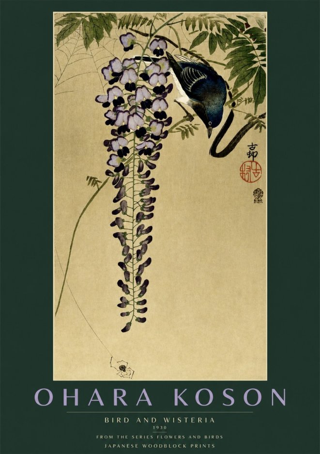 Ohara Koson Bird and Wisteria No2 - Affiche