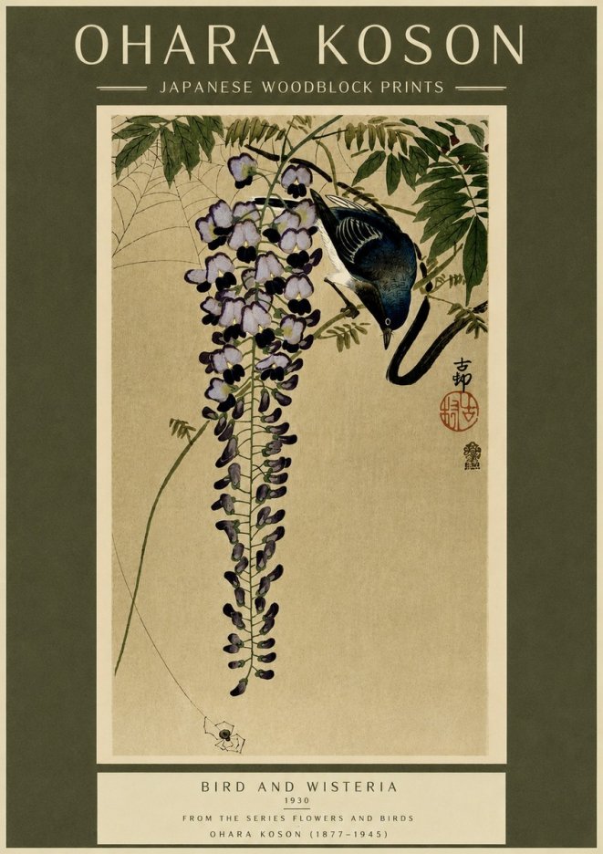 Ohara Koson Bird and Wisteria No6 - Affiche