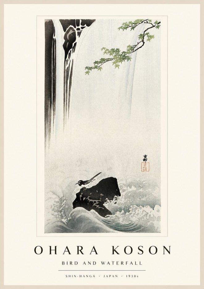 Ohara Koson Bird and Waterfall No1 - Affiche
