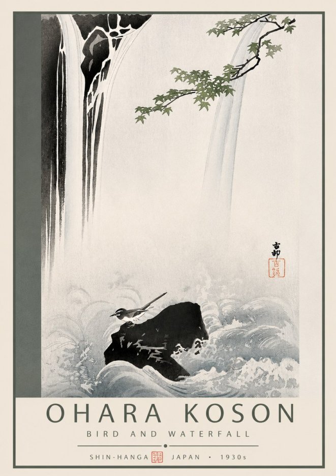 Ohara Koson Bird and Waterfall No3 - Affiche