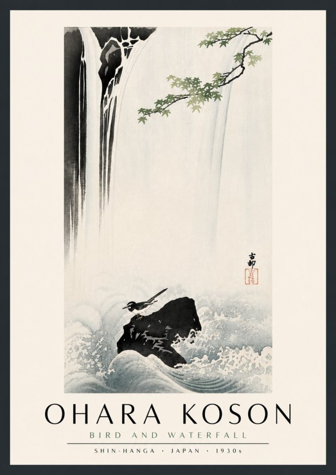 Ohara Koson Bird and Waterfall No5 - Affiche